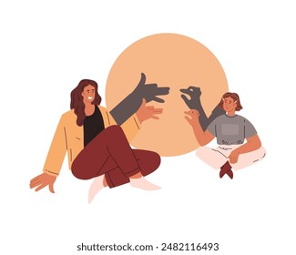 Ilustraciones vectoriales para un divertido pasatiempo familiar del teatro de sombras. Madre e hija crean siluetas de animales como un pájaro y un perro en la pared.