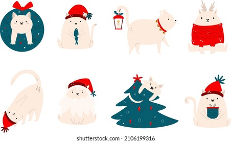 Vector illustrations of funny, adorable Christmas cats, kittens in different poses, clothes.