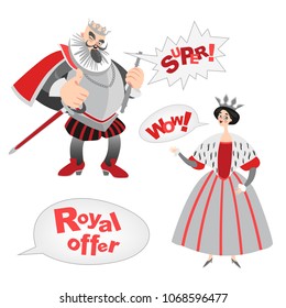 Vector illustrations of funny cartoon king and queen with a speech bubbles. Royal offer icon. Isolated fairy tale characters on a white background