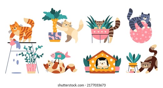 Vector illustrations of funny playful cats. Collection of 7 diverse scenes with cute animals for stickers, web, cards, ads, social media. Expressive pet characters. Cat day. Flat hand drawn cartoon 