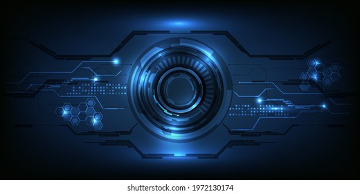 Vector illustrations of futuristic blue circle hud screen display with digital hi tech circuit pattern for product advertising and game artwork.Digital communication innovation and technology concepts