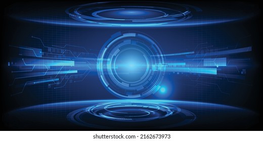 Vector illustrations of Futuristic blue digital technology stage for showcase with digital environment and round neon pedestal for advertising and game graphic artwork.Future digital concept.