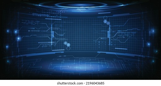 Vector illustrations of futuristic blue  digital hi-tech stage layout with empty copy space and digital element decoration for showcase.Digital innovation and technology concepts.