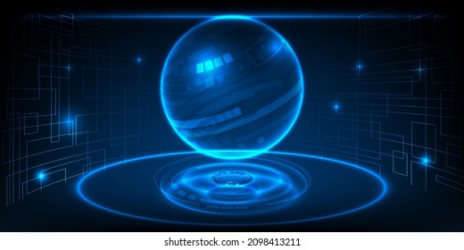 Vector illustrations of futuristic blue halogram globe floating on futuristic digital base with glowing ring and particles.Digital communication innovation and technology concepts.