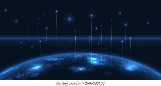 Vector illustrations of futuristic digital globe with glowing dots  for digital product advertising and game artwork.