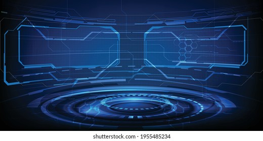 Vector illustrations of futuristic digital hi tech round curve screen with digital element architect environment dark blue stage layout showroom for digital interface artwork.