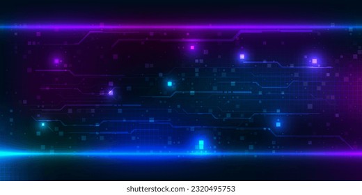 Vector illustrations of futuristic digital hi tech space with grid line and circuit on dark purple blue tech background.Digital technology concepts.