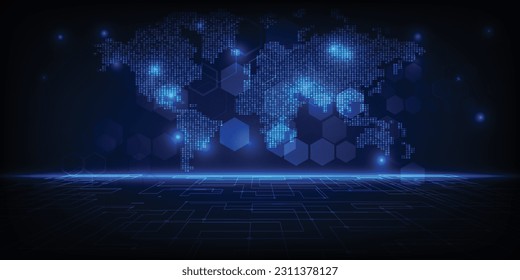 Vector illustrations of futuristic digital space horizontal perspective with world map and hexagon network.Digital communication innovation and technology concepts.