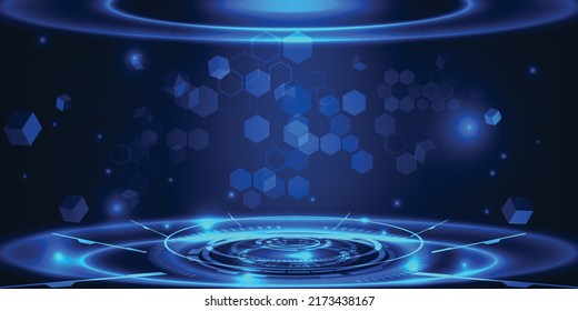 Vector illustrations of Futuristic digital technology hi-tech stage for showcase with neon blue pedestal circle platform and laser ring and hexagonal pattern for digital advertising and game artwork.