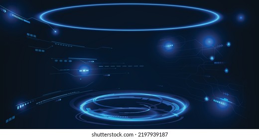 Vector illustrations of futuristic digital technology stage layout for showcase with neon blue futuristic pedestal or stage.Future tech design concepts.