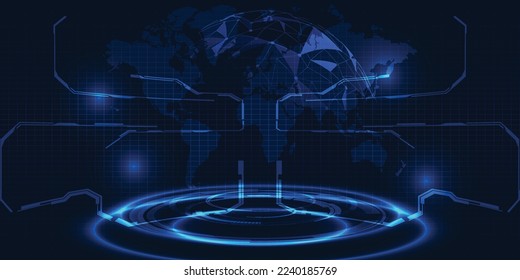 Vector illustrations of Futuristic  digital technology stage with glowing blue pedestal podium stage layout for hi tech showcase.Digital tech concept.