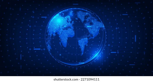 Vector illustrations of futuristic digital technology artwork with globe and digital element grid line circuit for advertising and game artwork.