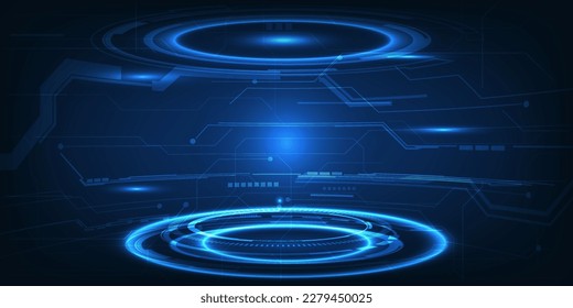 Vector illustrations of Futuristic digital technology hi-tech stage for showcase with neon blue pedestal circle platform and laser ring and hexagonal pattern for digital advertising and game artwork.