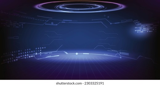 Vector illustrations of Futuristic digital technology hi-tech stage for showcase with neon blue pedestal circle platform and laser ring and hexagonal pattern for digital advertising and game artwork.