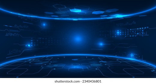 Vector illustrations of Futuristic  digital technology stage with glowing blue pedestal podium stage layout for hi tech showcase.Digital tech concept.