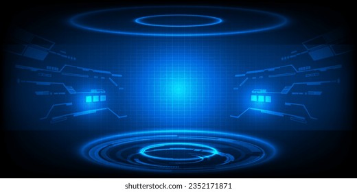 Vector illustrations of Futuristic  digital technology stage with glowing circle ring pedestal podium stage layout for hi tech showcase.Digital tech concept.