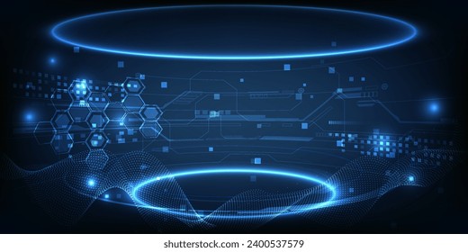 Vector illustrations of Futuristic  digital technology stage with glowing blue pedestal podium stage layout for hi tech showcase.Digital tech concept.