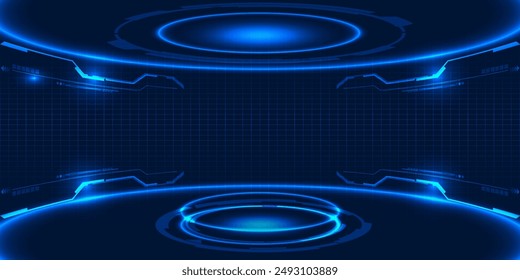 Ilustraciones vectoriales de escenario de tecnología digital futurista con diseño de escenario de podio peatonal azul brillante para escaparate de alta tecnología.