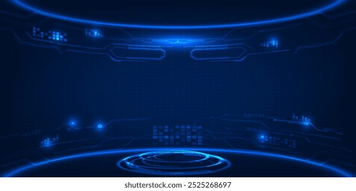 Vector illustrations of Futuristic  digital technology stage with glowing blue pedestal podium stage layout for hi tech showcase.Digital tech concept.