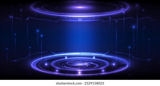 Vector illustrations of Futuristic  digital technology stage with glowing blue pedestal podium stage layout for hi tech showcase.Digital tech concept.
