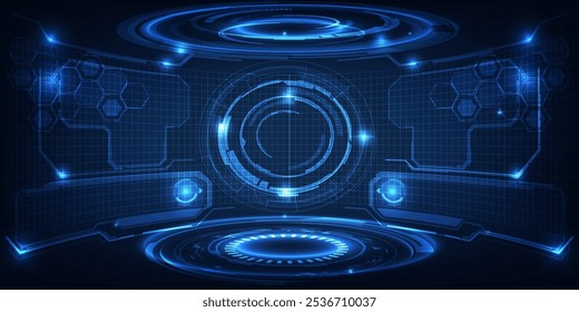 Vector illustrations of Futuristic  digital technology stage with glowing blue pedestal podium stage layout for hi tech showcase.Digital tech concept.