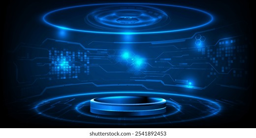 Vector illustrations of Futuristic  digital technology stage with glowing blue pedestal podium stage layout for hi tech showcase.Digital tech concept.