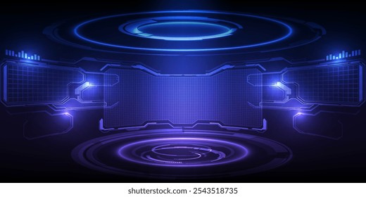 Ilustrações vetoriais de estágio de tecnologia digital futurista com brilho azul pedestal podium stage layout para hi tech showcase.Digital conceito de tecnologia.