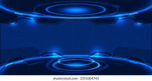 Vector illustrations of Futuristic  digital technology stage with glowing blue pedestal podium stage layout for hi tech showcase.Digital tech concept.