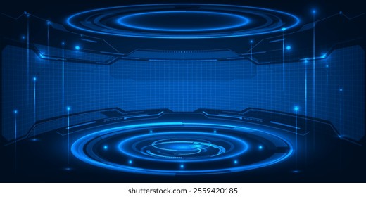 Vector illustrations of Futuristic  digital technology stage with glowing blue pedestal podium stage layout for hi tech showcase.Digital tech concept.