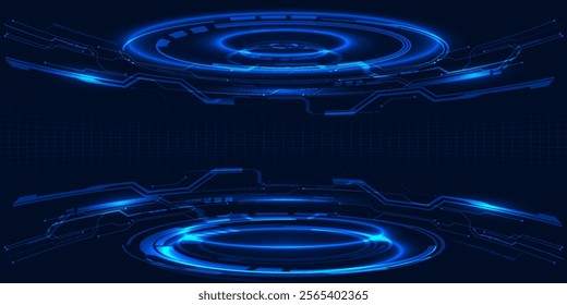 Vector illustrations of Futuristic  digital technology stage with glowing blue pedestal podium stage layout for hi tech showcase.Digital tech concept.