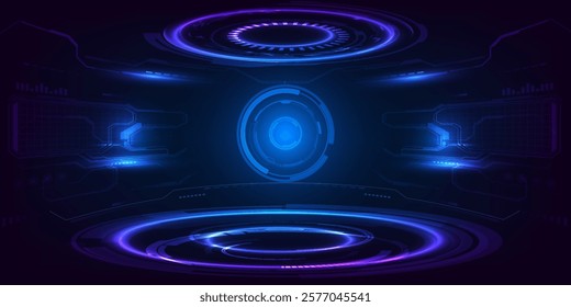 Vector illustrations of Futuristic  digital technology stage with glowing blue pedestal podium stage layout for hi tech showcase.Digital tech concept.