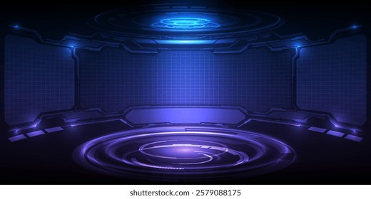 Vector illustrations of Futuristic  digital technology stage with glowing blue pedestal podium stage layout for hi tech showcase.Digital tech concept.