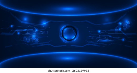 Vector illustrations of Futuristic  digital technology stage with glowing blue pedestal podium stage layout for hi tech showcase.Digital tech concept.