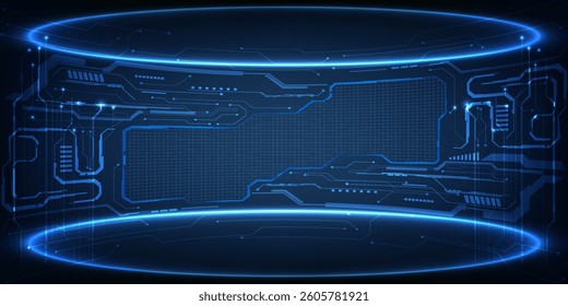 Vector illustrations of futuristic digital technology stage layout for showcase with neon blue futuristic pedestal or stage.Future tech design concepts.