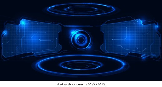 Vector illustrations of Futuristic digital technology hi tech stage for showcase with neon blue pedestal circle hud and windows panel for digital advertising and game artwork.