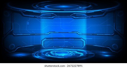 Ilustraciones vectoriales de escenario de tecnología digital futurista con diseño de escenario de podio de pedestal azul brillante para escaparate de alta tecnología. Concepto de tecnología digital.