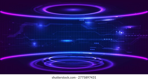 Vector illustrations of Futuristic  digital technology stage with  blue and purple neon pedestal, podium and stage layout for hi tech showcase.Digital tech display concept.