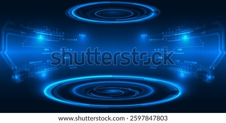 Vector illustrations of Futuristic  digital technology stage with glowing blue pedestal podium stage layout for hi tech showcase.Digital tech concept.