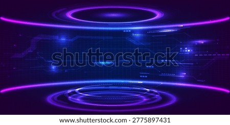 Vector illustrations of Futuristic  digital technology stage with  blue and purple neon pedestal, podium and stage layout for hi tech showcase.Digital tech display concept.