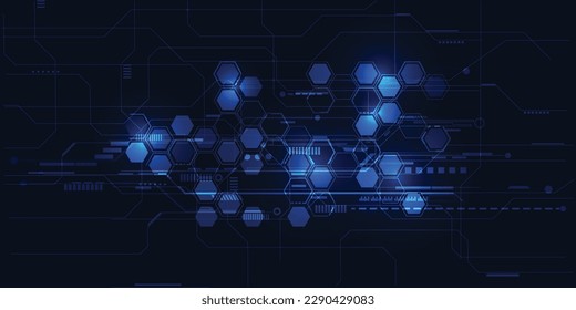Vector illustrations of futuristic display for horizontal layout showcase with optic hexagon network and digital element grid line circuit decor.Future digital innonvation and technolog concept.