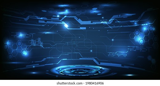 Vector illustrations of futuristic glowing blue stage layout for showcase with circuit lines and hexagon geometry and hi tech pedestal for product showcase and game artwork.