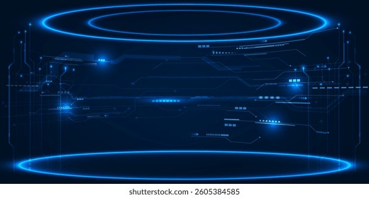 Vector illustrations of futuristic glowing blue stage layout for showcase with circuit lines and hexagon geometry and hi tech pedestal for product showcase and game artwork.