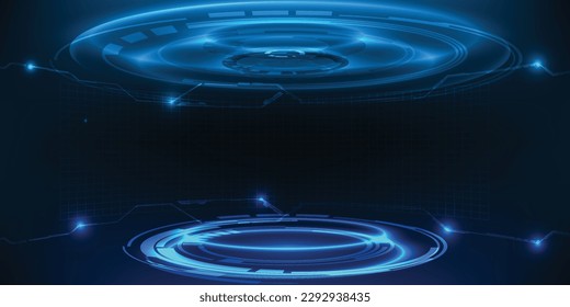 Vector illustrations of futuristic glowing neon blue stage hi-tech layout display.Future of technology design concepts.