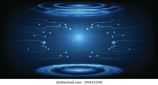 Vector illustrations of futuristic hi tech stage layout for showcase and background.Digital hologram stage and hi tech architect element around. 