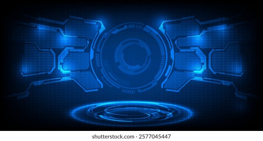 Vector illustrations of futuristic hi tech stage layout for showcase and background.Digital hologram stage and hi tech architect element around. 