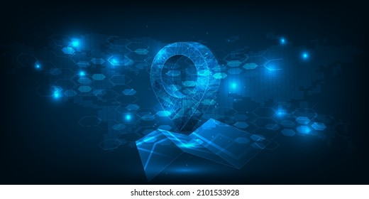 Vector illustrations of futuristic location icon pin on hexagonal network map .Business strategy concepts.