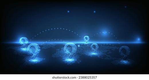 Vector illustrations of futuristic location icon pin on world map .Business strategy and digital communication concepts.