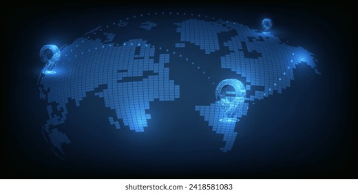 Vector illustrations of futuristic location icon pin on world map .Business strategy and digital communication concepts.
