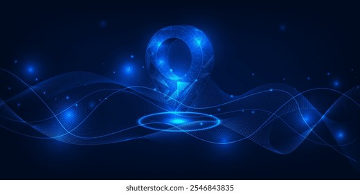 Vector illustrations of futuristic location icon pin on mesh wave form.Business strategy and digital communication concepts.