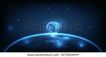 Vector illustrations of futuristic location icon pin on world map .Business strategy and digital communication concepts.